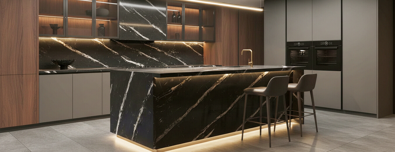 Stone Surfaces USA natural stone and quartz display in a premium showroom setting